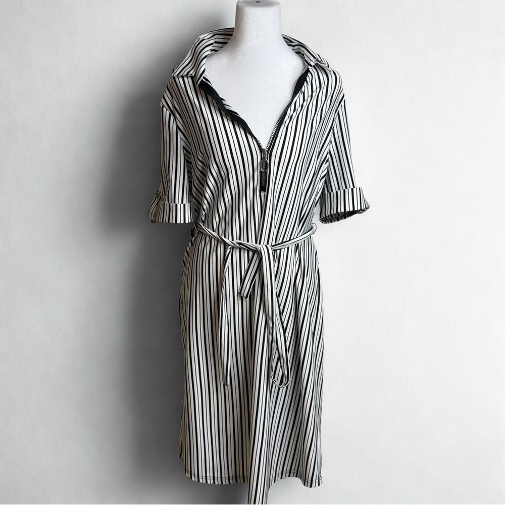 Striped Midi Shirt Dress with Tie Belt - Black & White